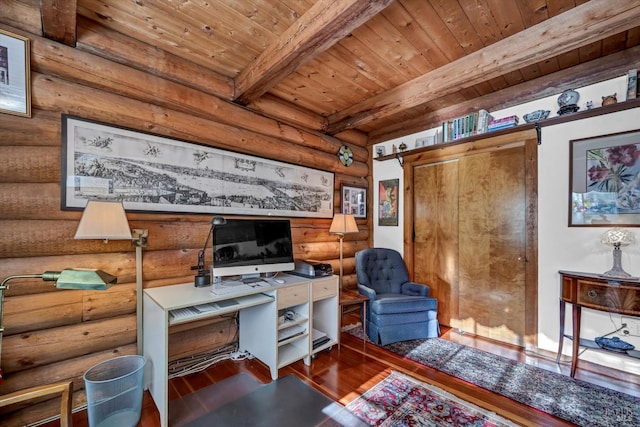 home office featuring wood ceiling, a barn door, wood finished floors, and beam ceiling