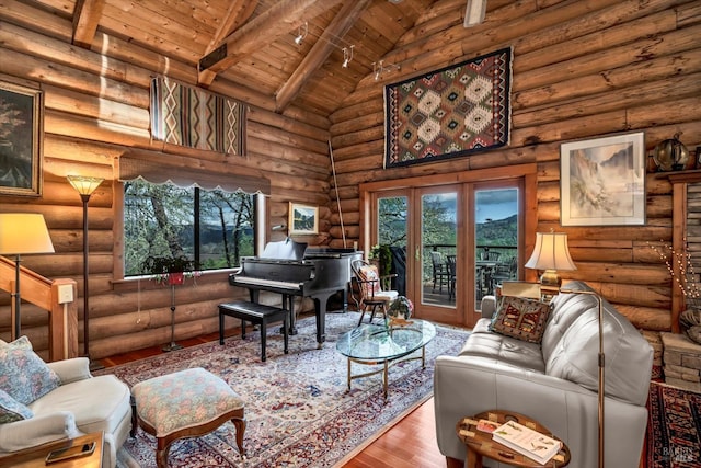 living room featuring french doors, beam ceiling, wood ceiling, wood finished floors, and high vaulted ceiling