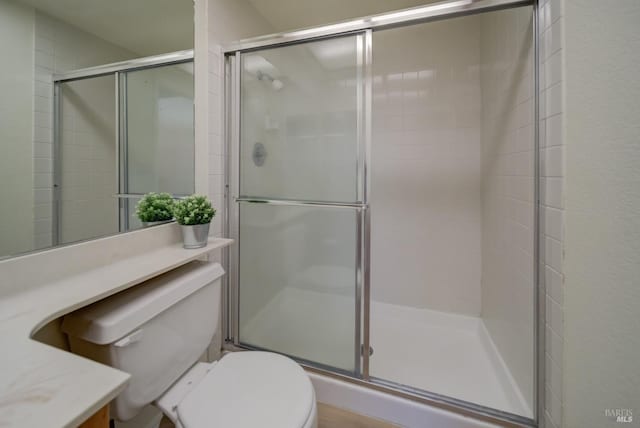 bathroom featuring toilet, a stall shower, and vanity