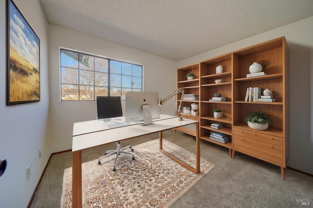 home office with carpet floors, a textured ceiling, and baseboards