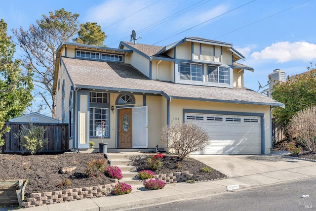 view of front of home with a garage, driveway, a shingled roof, and stucco siding