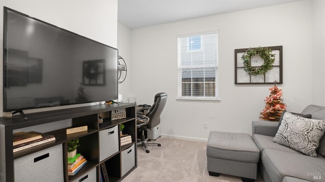 office with baseboards and light colored carpet