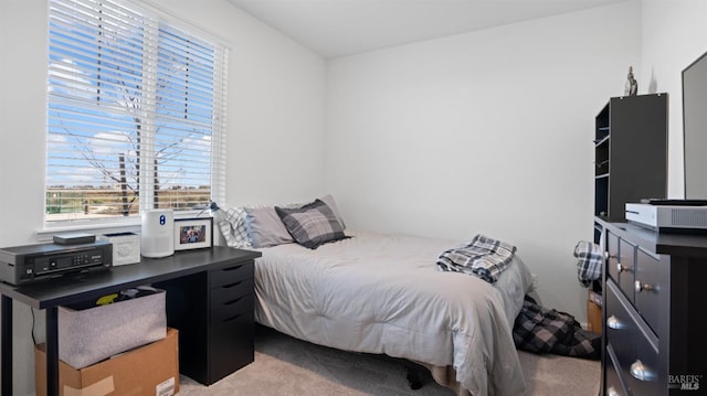 bedroom featuring light colored carpet