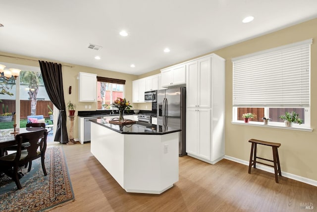 kitchen with dark countertops, visible vents, a kitchen island, and white cabinetry