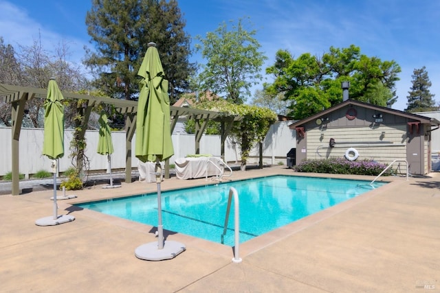 view of swimming pool featuring a fenced in pool, a patio, and fence