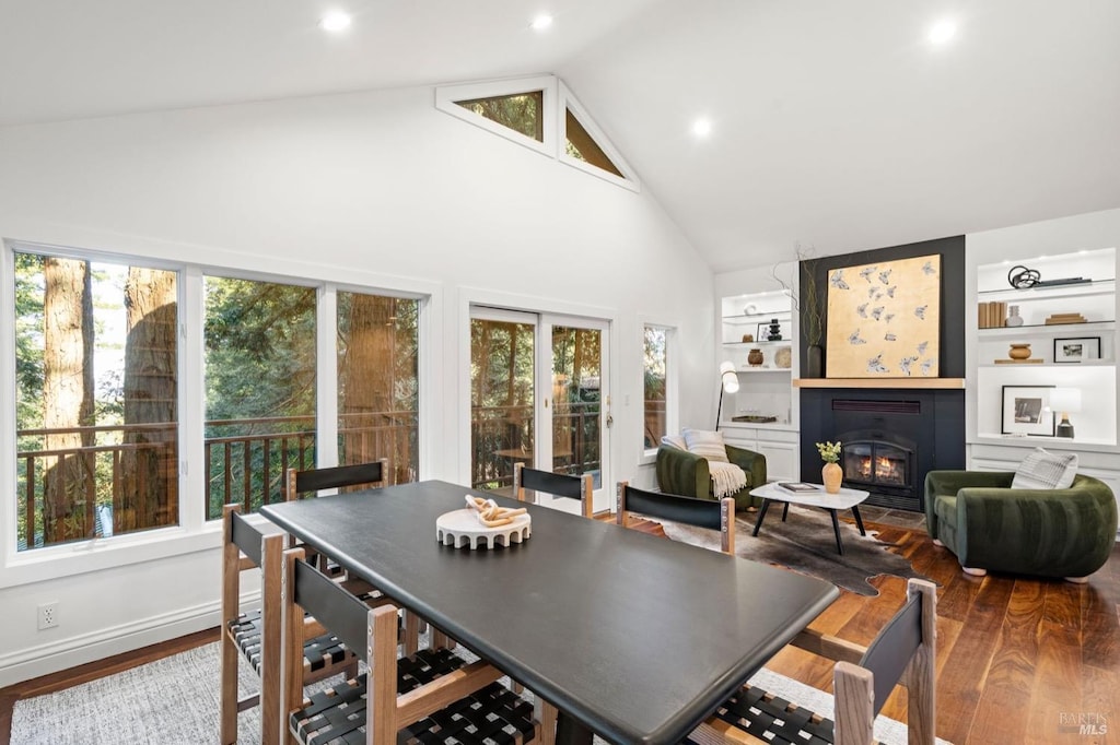 dining space with plenty of natural light, a fireplace, and wood finished floors