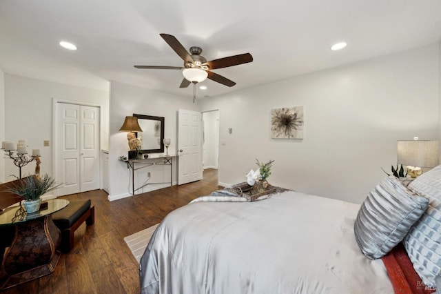 bedroom featuring dark wood-type flooring, recessed lighting, and a ceiling fan