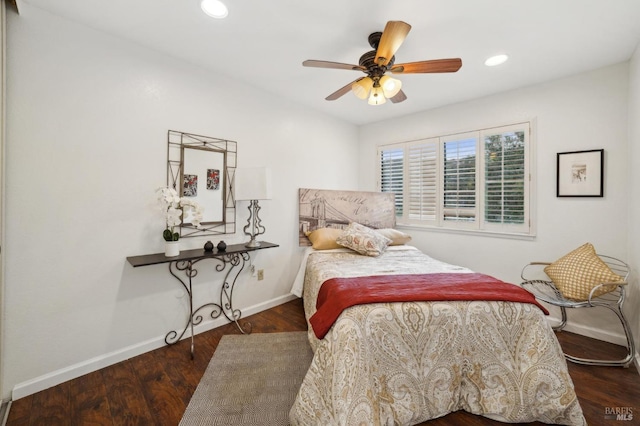 bedroom featuring dark wood-style flooring, recessed lighting, a ceiling fan, and baseboards