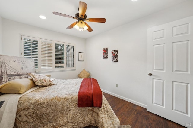 bedroom featuring dark wood-type flooring, recessed lighting, a ceiling fan, and baseboards