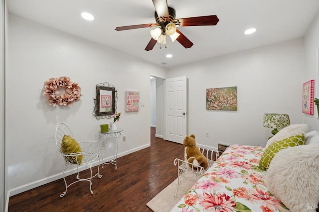 bedroom featuring ceiling fan, baseboards, dark wood finished floors, and recessed lighting