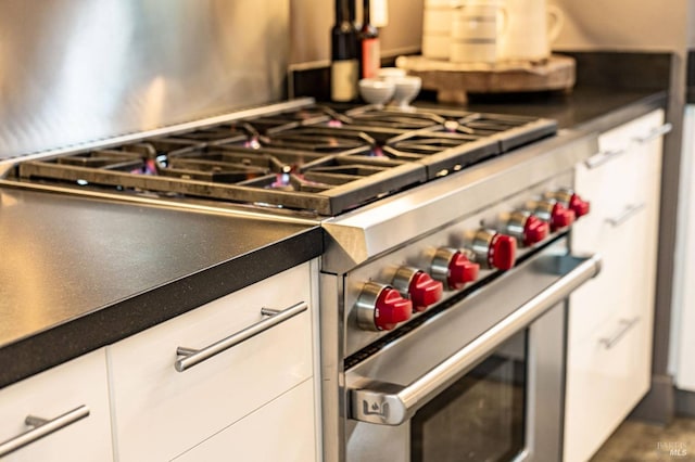 interior details with high end stainless steel range, dark countertops, and white cabinetry