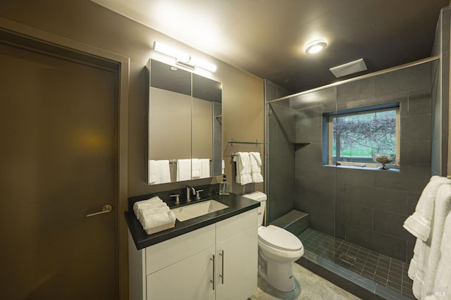 bathroom featuring toilet, a stall shower, and vanity