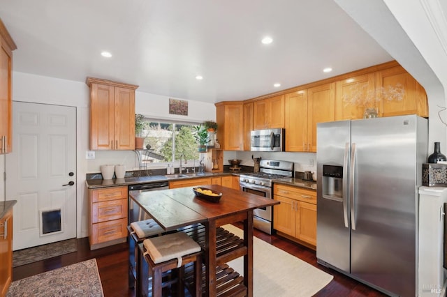 kitchen with stainless steel appliances, dark wood-style flooring, dark countertops, and a sink