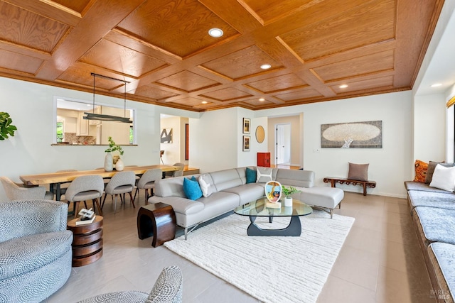 living room with coffered ceiling, wood ceiling, and recessed lighting