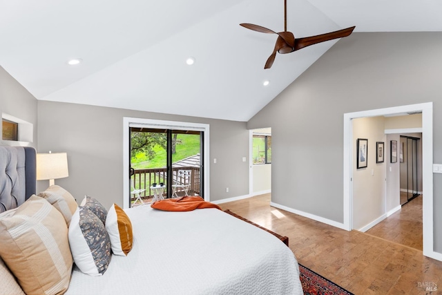 bedroom with access to exterior, recessed lighting, ceiling fan, high vaulted ceiling, and baseboards