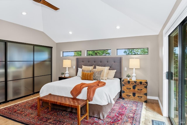 bedroom featuring lofted ceiling, baseboards, visible vents, and recessed lighting