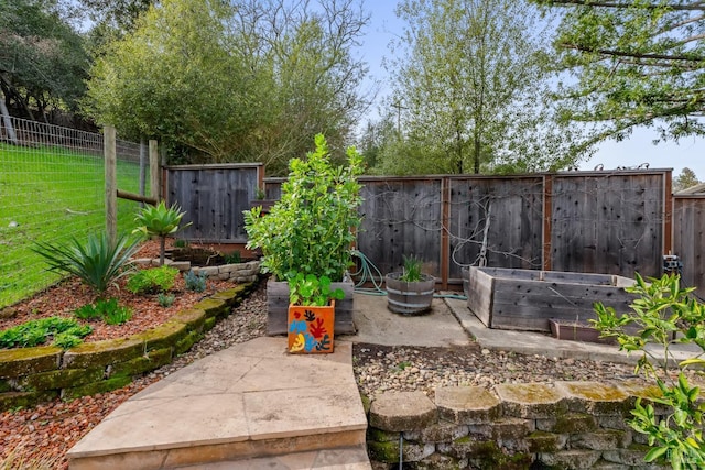 view of yard with a patio area, a fenced backyard, and a vegetable garden