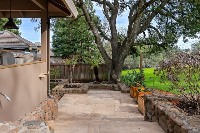 view of patio / terrace with a fenced backyard and an outdoor kitchen