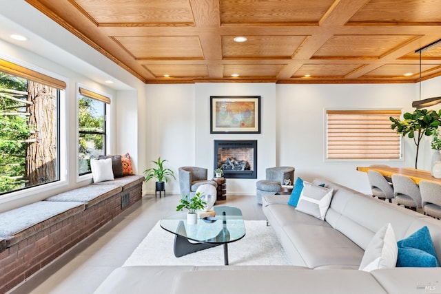 living room with a fireplace, recessed lighting, wood ceiling, coffered ceiling, and baseboards