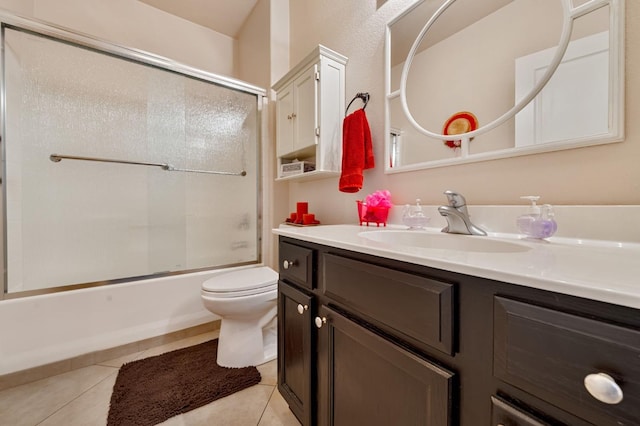 full bath with tile patterned floors, enclosed tub / shower combo, toilet, and vanity