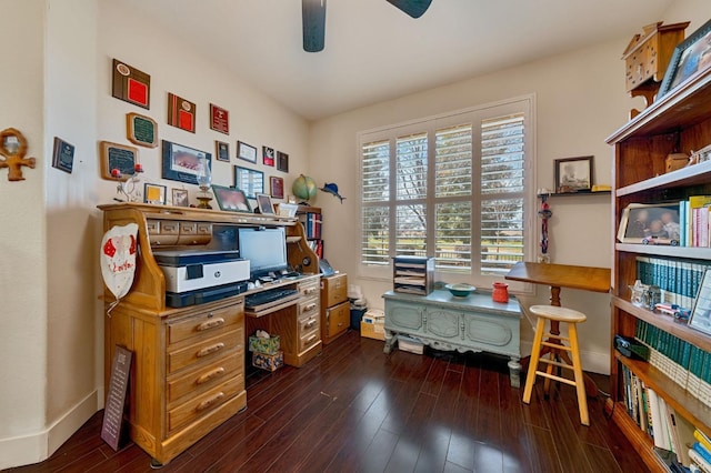 office with dark wood finished floors, baseboards, and ceiling fan