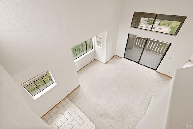 carpeted entrance foyer featuring a high ceiling and tile patterned flooring