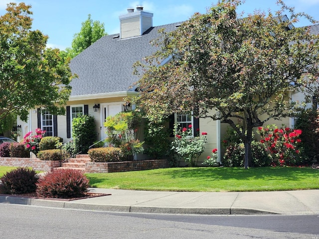 view of front of property with roof with shingles, a chimney, and a front lawn