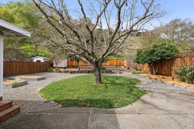 view of yard featuring a fenced backyard, an outdoor structure, a storage shed, and a patio