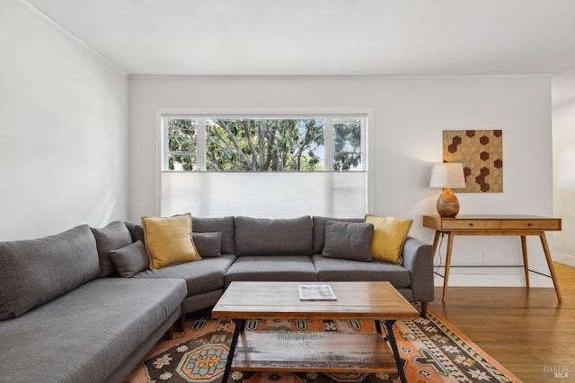 living area with wood finished floors and baseboards