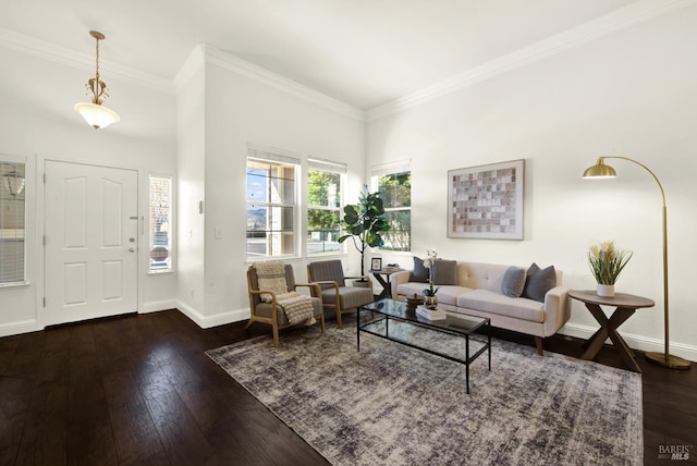 living room featuring ornamental molding, dark wood-style flooring, and baseboards