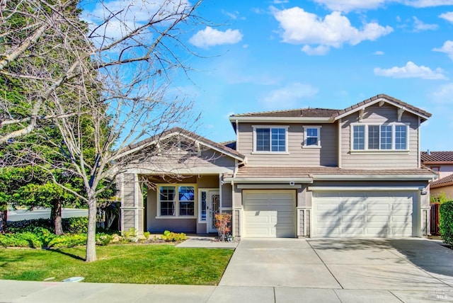 view of front facade featuring a garage, concrete driveway, a front lawn, and a tile roof