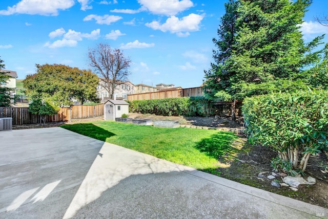 view of yard featuring a patio area, a shed, an outdoor structure, and a fenced backyard