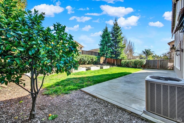 view of yard with a fenced backyard, a patio, and central AC unit