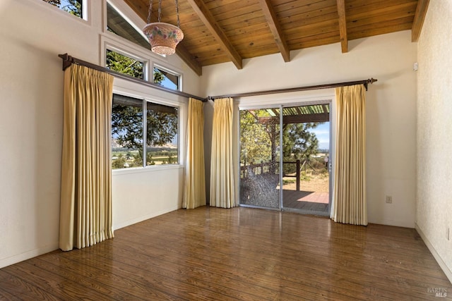 unfurnished room featuring dark wood-style floors, wooden ceiling, and vaulted ceiling with beams