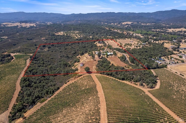 aerial view featuring a mountain view and a rural view