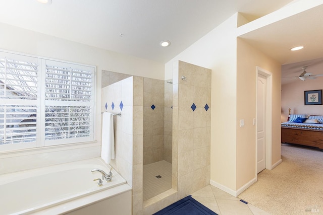 bathroom featuring a garden tub, recessed lighting, ensuite bathroom, tile patterned flooring, and walk in shower