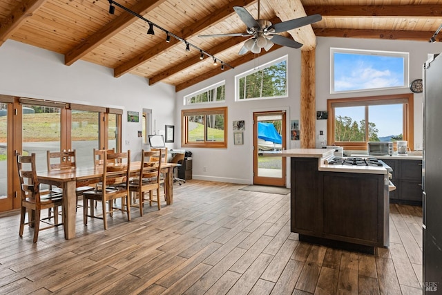 dining area with wooden ceiling, a ceiling fan, light wood-type flooring, beam ceiling, and rail lighting