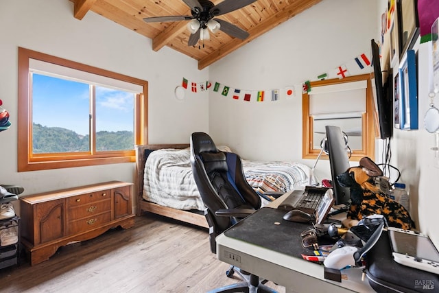 bedroom with lofted ceiling with beams, light wood finished floors, and wood ceiling