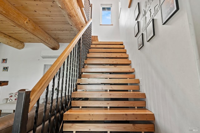 stairway featuring wooden ceiling and beamed ceiling