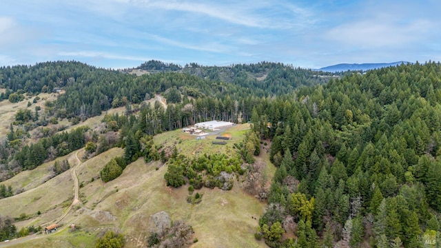 birds eye view of property featuring a forest view