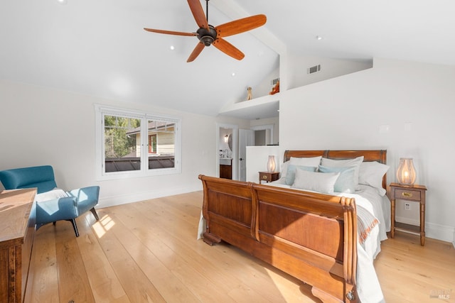 bedroom with baseboards, visible vents, ceiling fan, beamed ceiling, and light wood-type flooring