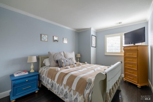 bedroom with ornamental molding, dark wood-style flooring, and visible vents