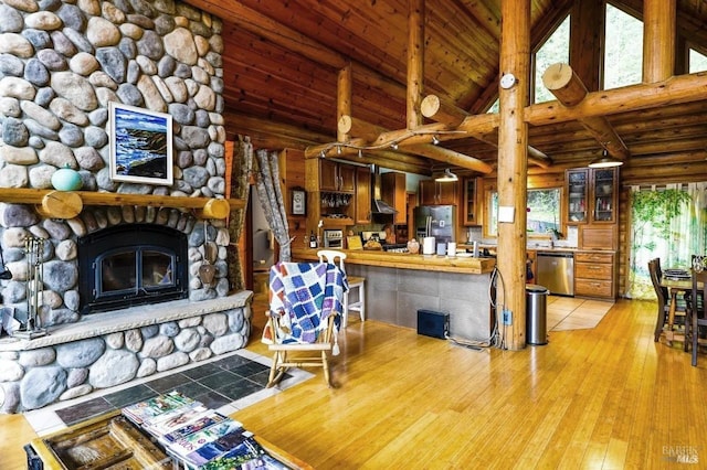 living area featuring high vaulted ceiling, wood ceiling, a fireplace, and light wood-style flooring