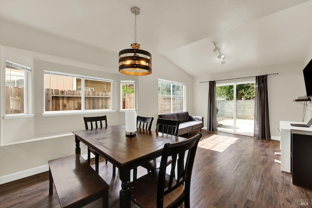 dining space with lofted ceiling, an inviting chandelier, baseboards, and wood finished floors