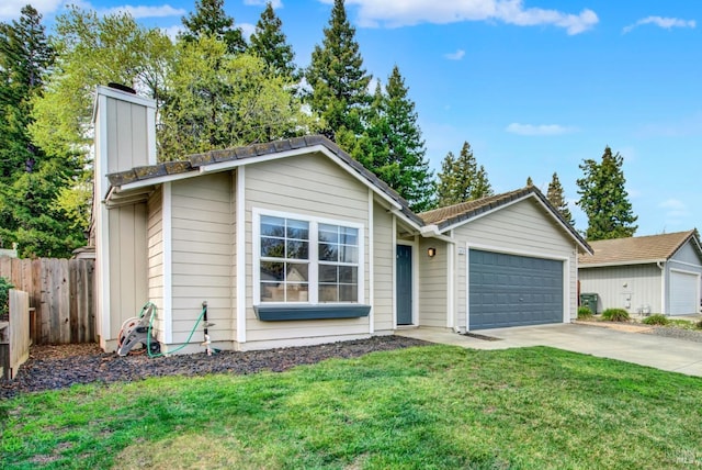 single story home featuring a garage, fence, driveway, a chimney, and a front yard