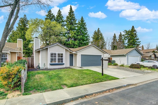 ranch-style house with a chimney, concrete driveway, an attached garage, fence, and a front lawn