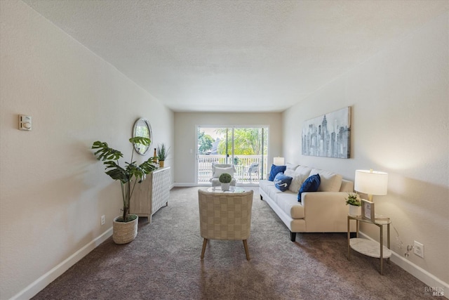 living area featuring baseboards, dark carpet, and a textured ceiling