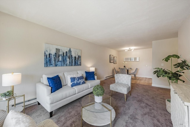 carpeted living room featuring a baseboard radiator and baseboards