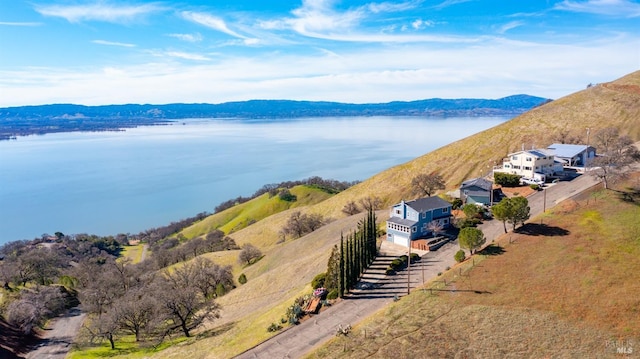 bird's eye view featuring a water and mountain view