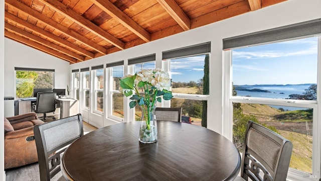 sunroom with a water view, wooden ceiling, and lofted ceiling with beams